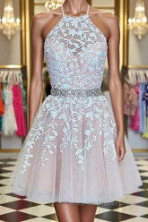 A Line Halter Neck Short Pink Lace Semi Formal Prom Dresses with Belt, Pink Lace Formal Graduation Homecoming Dresses
